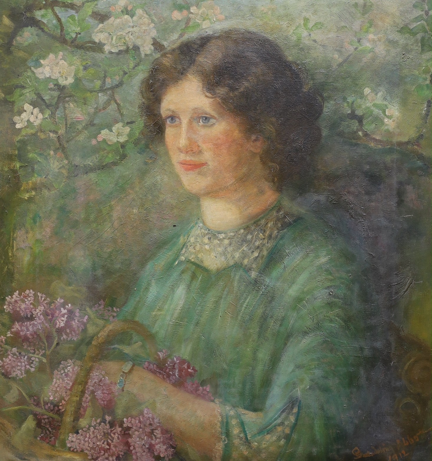 Gwendoline Abbot, oil on canvas, Portrait of a young lady picking lilac blossoms, signed and dated 1912, 63 x 60cm